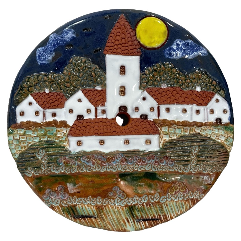 Vintage 1980s Signed Arcil Lousa Portugal Clay Wall Plaque Hand Carved Village